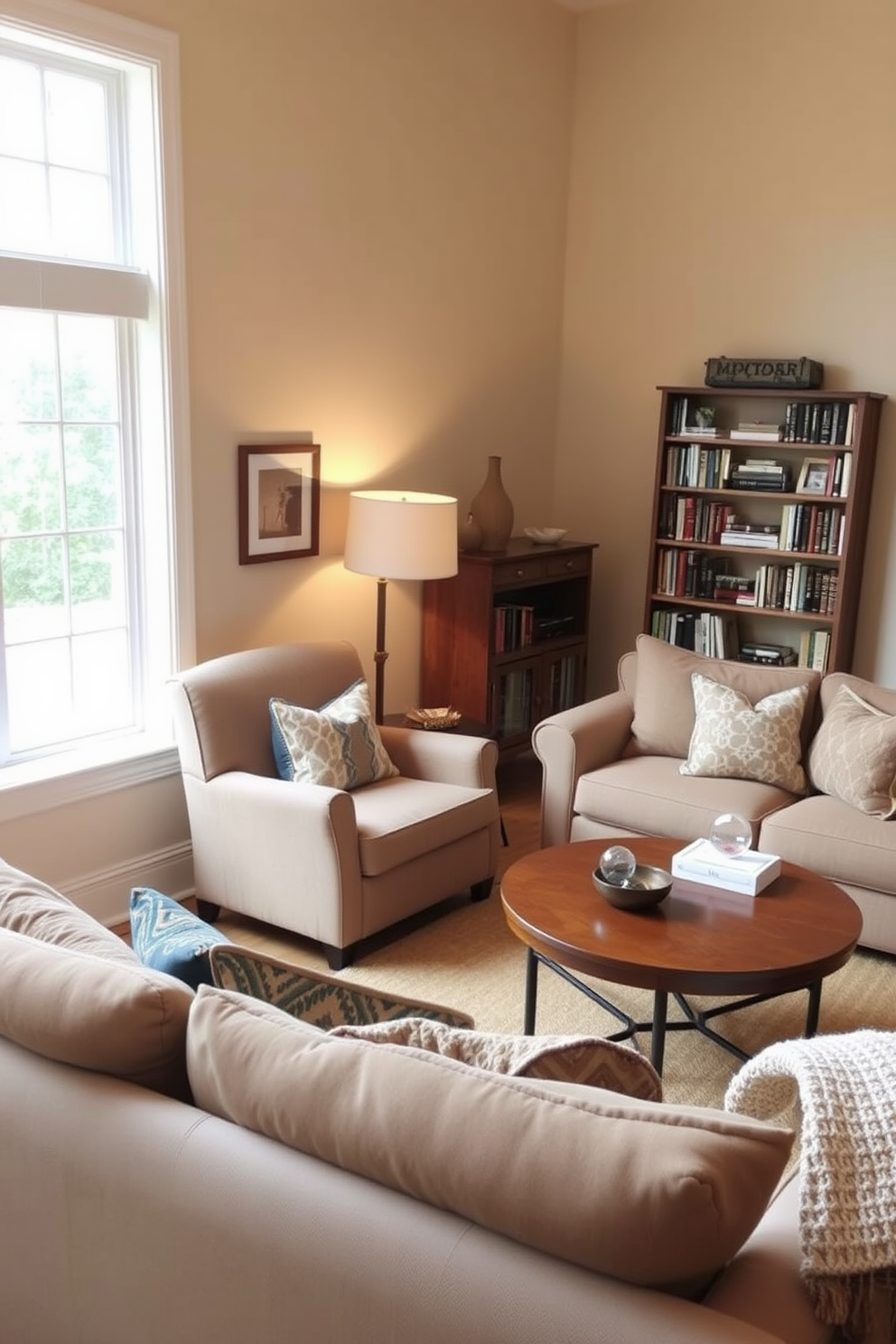 A cozy family room featuring a comfortable reading nook with a plush armchair positioned by a large window. The walls are painted in a soft beige color, and a warm area rug lies beneath a coffee table surrounded by a sectional sofa. The reading nook is adorned with a small bookshelf filled with an assortment of books and a floor lamp providing soft lighting. Decorative throw pillows in various textures and colors add warmth to the seating area, creating an inviting space for relaxation.