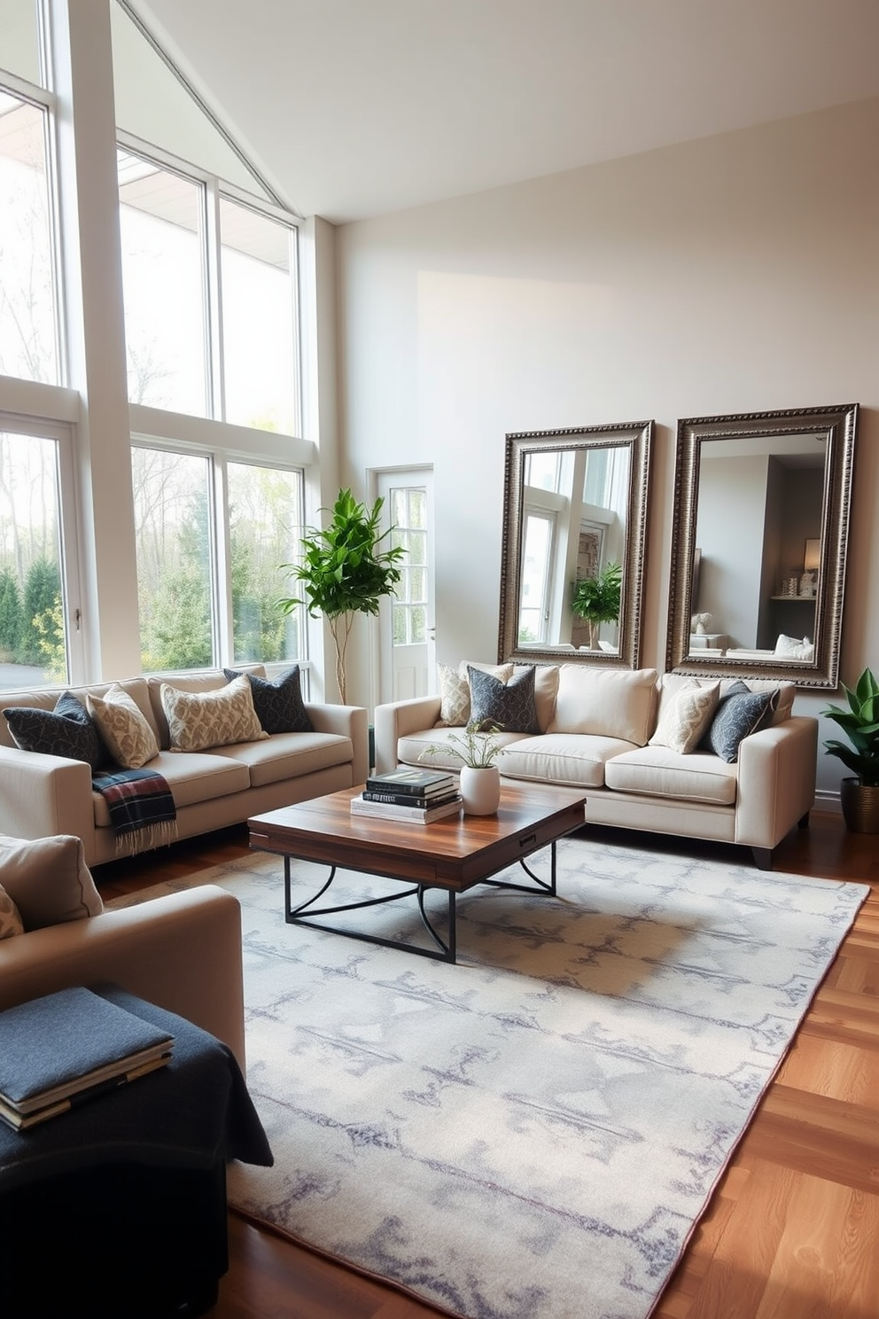 A cozy family room with large windows allowing natural light to flood in. The room features a comfortable sectional sofa in neutral tones and a large area rug with subtle patterns. On the opposite wall, two oversized mirrors are strategically placed to enhance the sense of space. A wooden coffee table sits in the center, adorned with a few decorative books and a small plant.