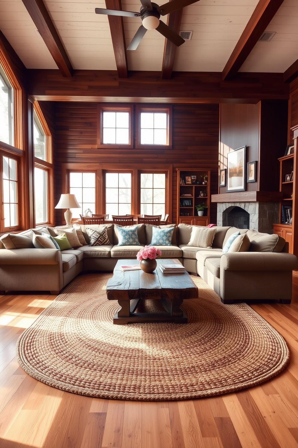 A warm and inviting family room featuring rich wood tones throughout. The space includes a large, comfortable sectional sofa adorned with soft, textured cushions and a rustic wooden coffee table at the center. Natural light pours in through large windows, illuminating the room with a soft glow. A woven area rug anchors the seating arrangement, while a collection of family photos decorates the walls, adding a personal touch.