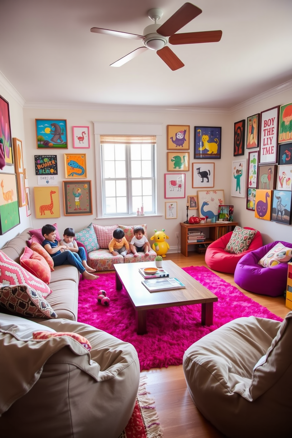 A vibrant family room filled with playful artwork that sparks children's imagination. The walls are adorned with colorful paintings and whimsical prints, creating a cheerful atmosphere. Cozy seating arrangements feature a mix of soft cushions and bean bags, inviting relaxation and play. A low coffee table is surrounded by bright rugs, providing a comfortable space for family activities.