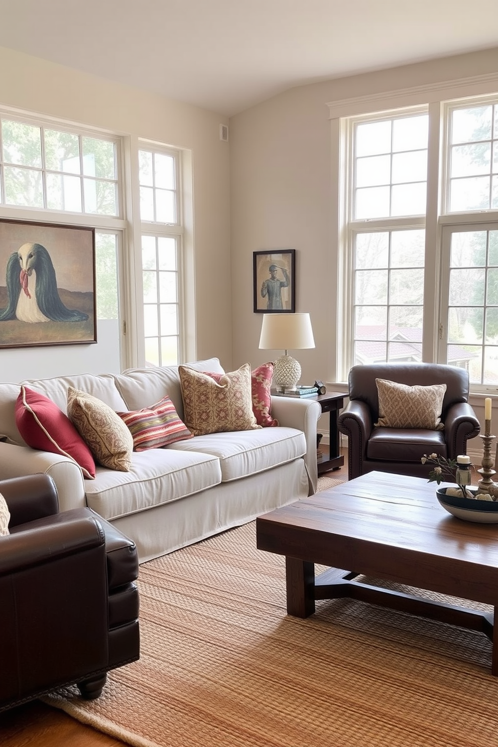 A cozy family room featuring a soft linen sofa adorned with colorful cushions. The space includes a leather armchair positioned next to a rustic wooden coffee table, creating a warm and inviting atmosphere. The walls are painted in a light beige tone, complemented by a textured area rug that adds depth to the room. Large windows allow natural light to flood in, enhancing the room's airy feel and highlighting the layered textures.