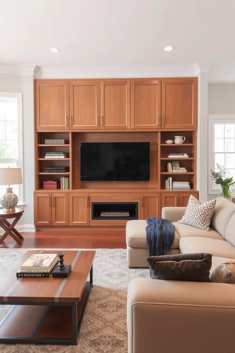 A cozy game area designed for family activities features a large sectional sofa in a soft gray fabric, surrounded by colorful throw pillows. A round coffee table made of reclaimed wood sits at the center, providing ample space for board games and snacks. The walls are painted in a warm beige tone, creating a welcoming atmosphere. A plush area rug in vibrant patterns anchors the space, while shelves filled with games and books add a personal touch.