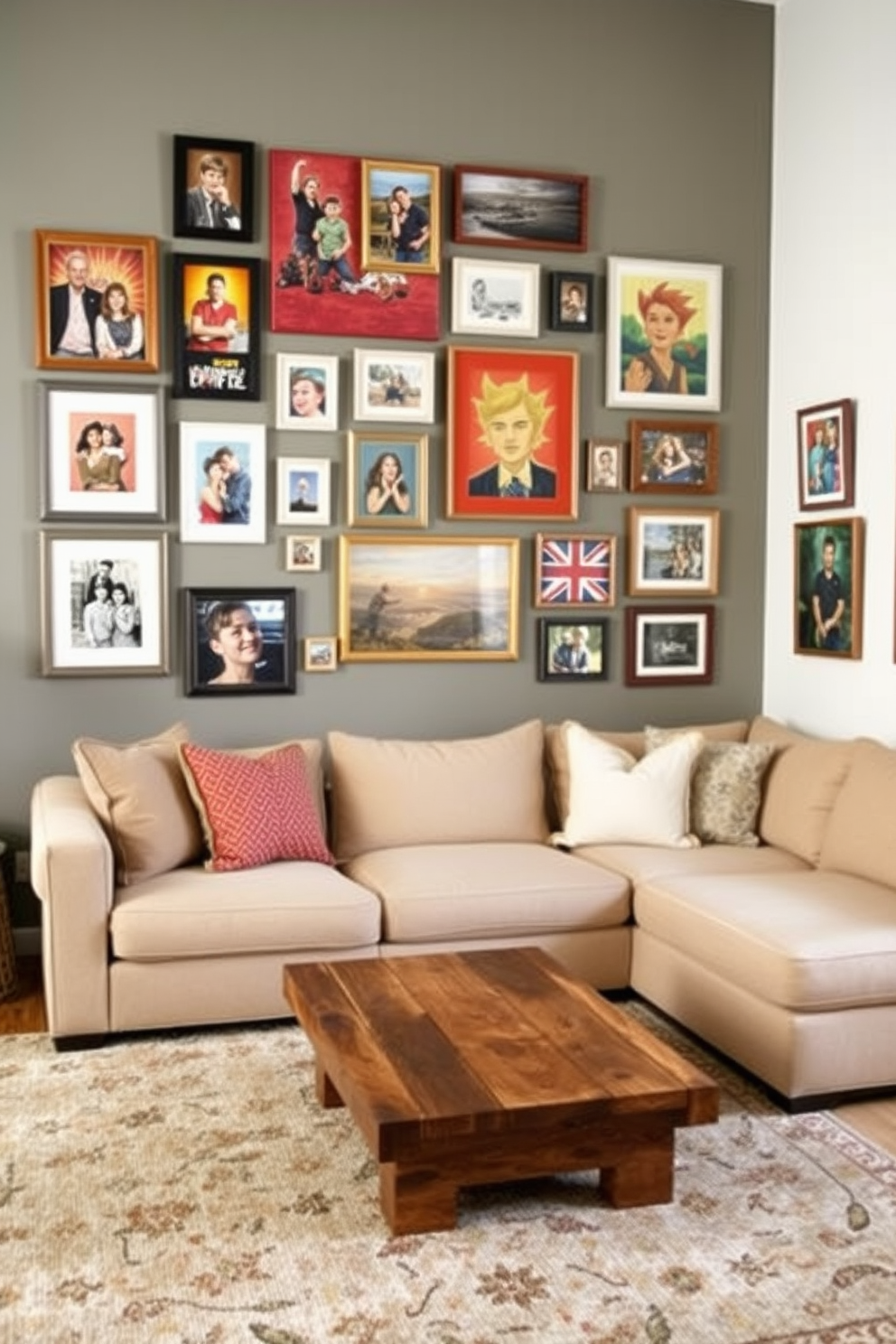 A gallery wall filled with an eclectic mix of family photos and vibrant artwork creates a warm and inviting atmosphere. The frames vary in size and color, showcasing cherished memories and artistic expressions that reflect the family's personality. For a simple family room design, envision a cozy space with a plush sectional sofa in a neutral tone. A large area rug anchors the room, while a coffee table made of reclaimed wood adds a touch of rustic charm.