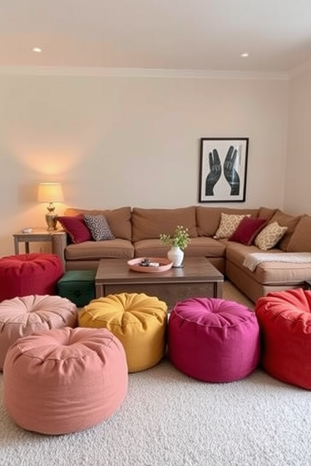 Comfortable poufs for casual seating options. The room features a cozy layout with soft lighting and a neutral color palette, creating an inviting atmosphere. Simple family room design ideas. A large sectional sofa is complemented by colorful poufs arranged around a low coffee table, perfect for family gatherings and relaxation.