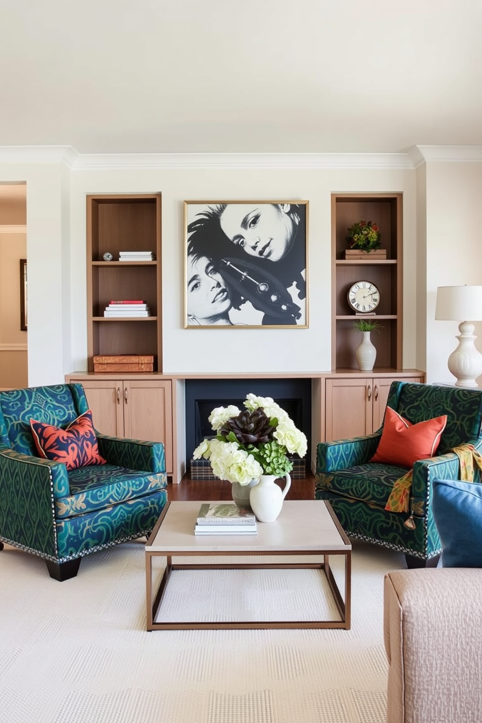 A serene family room featuring a neutral color palette with soft beige and light gray tones. Comfortable furniture is arranged to promote conversation, with a plush sectional sofa and a pair of accent chairs. Natural light floods the space through large windows dressed in sheer white curtains. A minimalist coffee table sits atop a textured area rug, complemented by subtle decorative elements like a few books and a small potted plant.