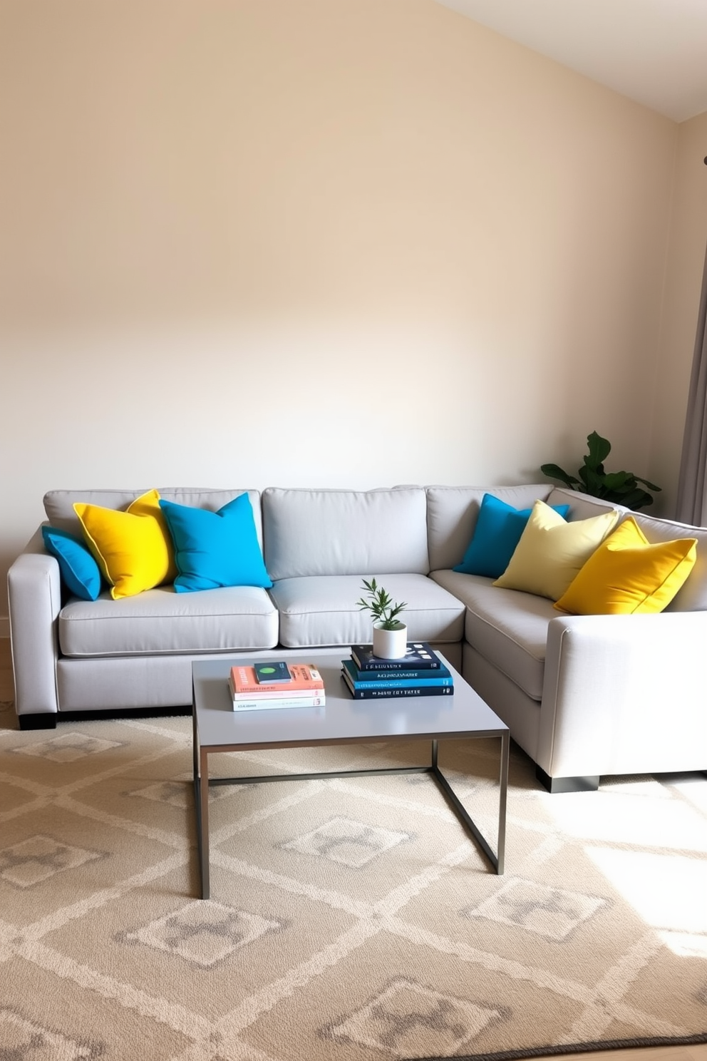 A spacious family room filled with natural light from large windows that stretch from floor to ceiling. The room features a cozy sectional sofa in a neutral tone, complemented by colorful throw pillows and a soft area rug. A wooden coffee table sits at the center, adorned with a few decorative books and a small plant. The walls are painted a warm beige, enhancing the inviting atmosphere of the space.