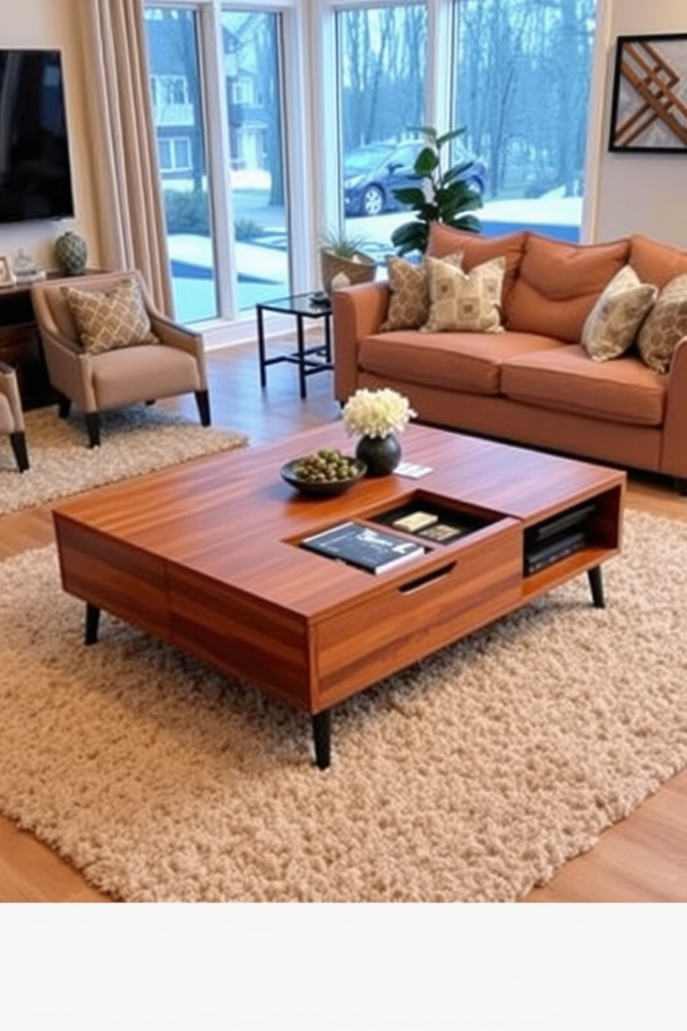 A stylish coffee table with integrated storage options sits at the center of a cozy family room. The table features a sleek wooden finish and is complemented by a soft area rug that adds warmth to the space. The family room is designed with comfortable seating arrangements, including a plush sectional sofa and accent chairs. Large windows allow natural light to flood the room, creating an inviting atmosphere perfect for family gatherings.