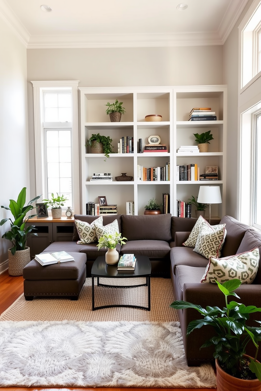 A cozy family room featuring built-in shelves that elegantly display a collection of books and decorative items. The space is designed with a neutral color palette, complemented by a comfortable sectional sofa and a soft area rug. Natural light floods the room through large windows, creating a warm and inviting atmosphere. Accents of greenery are added with potted plants placed on the shelves and in the corners of the room.