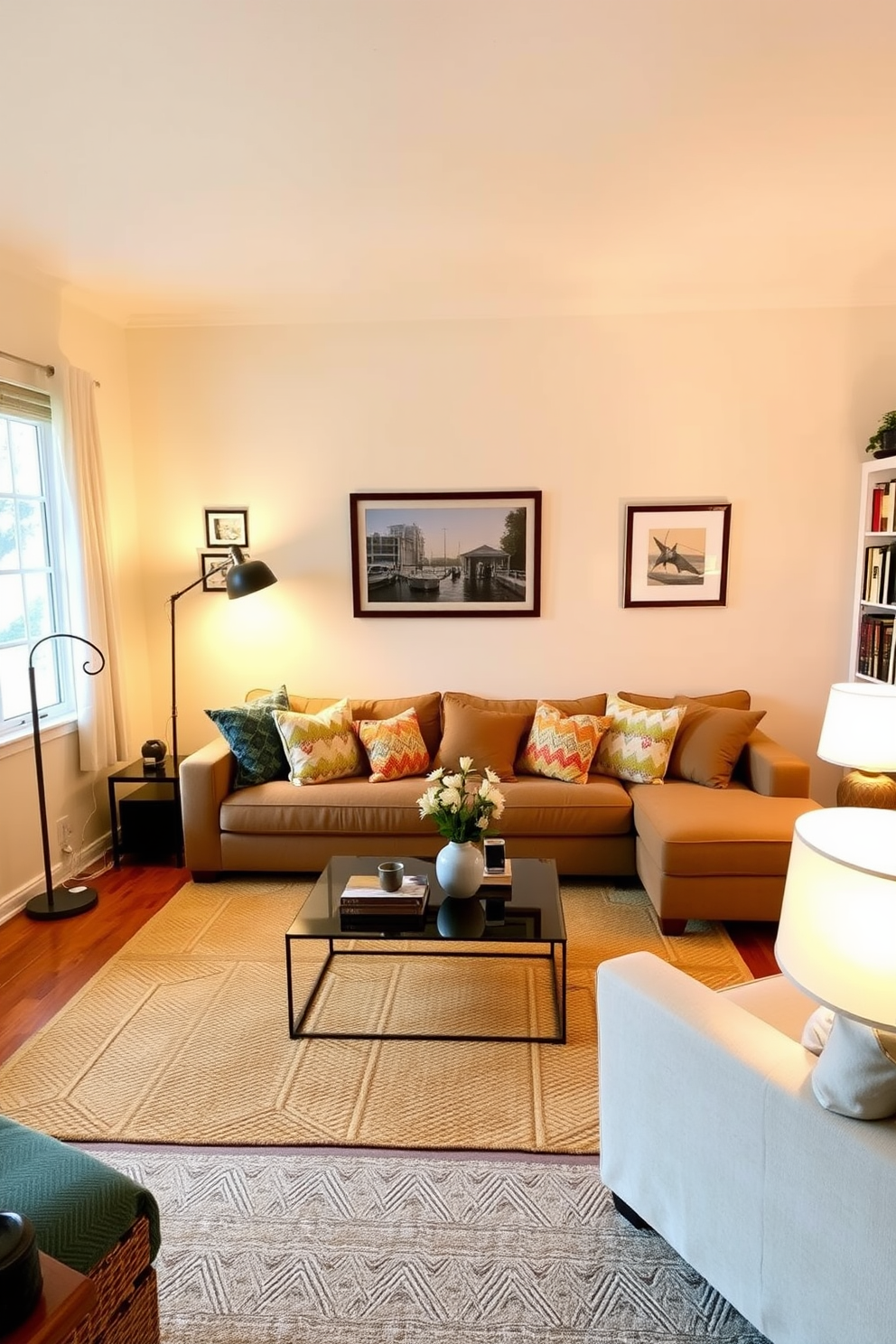 A cozy family room bathed in soft lighting, featuring a plush sectional sofa adorned with colorful throw pillows. A sleek coffee table sits at the center, surrounded by a warm area rug and complemented by floor and table lamps that create an inviting ambiance. The walls are painted in a light neutral tone, enhancing the room's airy feel. A few framed family photos and artwork add personal touches, while a bookshelf filled with books and decorative items completes the space.