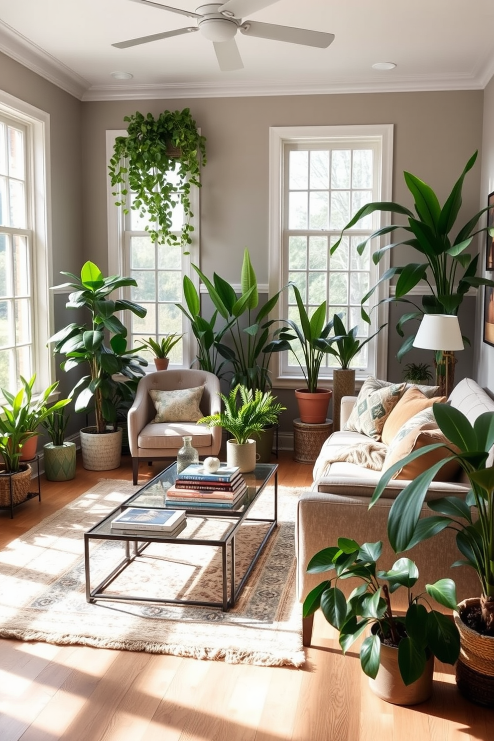 A cozy family room filled with natural light. There are several indoor plants in various sizes placed around the room, adding a fresh and lively feel. The seating arrangement includes a comfortable sofa and a couple of accent chairs. A soft area rug ties the space together, while a coffee table holds books and decorative items.