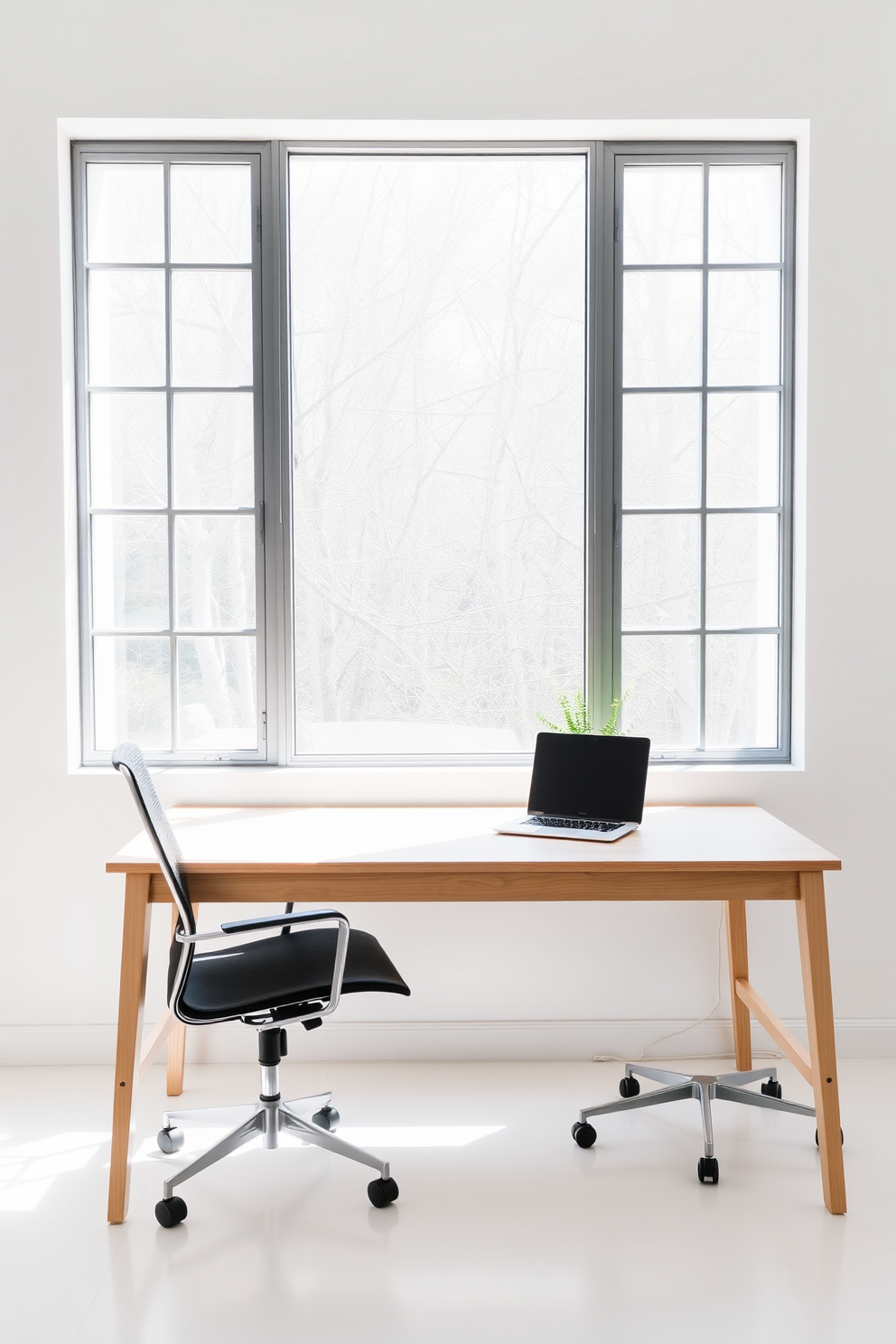 A minimalist desk sits against a large window, allowing natural light to flood the space. The desk features clean lines and a light wood finish, complemented by a comfortable ergonomic chair. On the desk, a sleek laptop is paired with a small potted plant, adding a touch of greenery. The walls are painted in a soft white, creating an airy and open atmosphere.