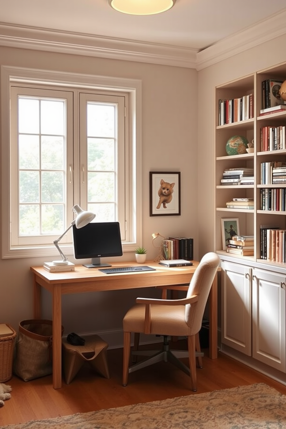 A cozy home office space with soft lighting that creates a warm and inviting atmosphere. The desk is made of light wood and positioned near a window, allowing natural light to filter in gently. A comfortable chair with plush upholstery complements the desk, providing a perfect spot for productivity. Shelves filled with books and decorative items line the walls, adding personality and charm to the design.