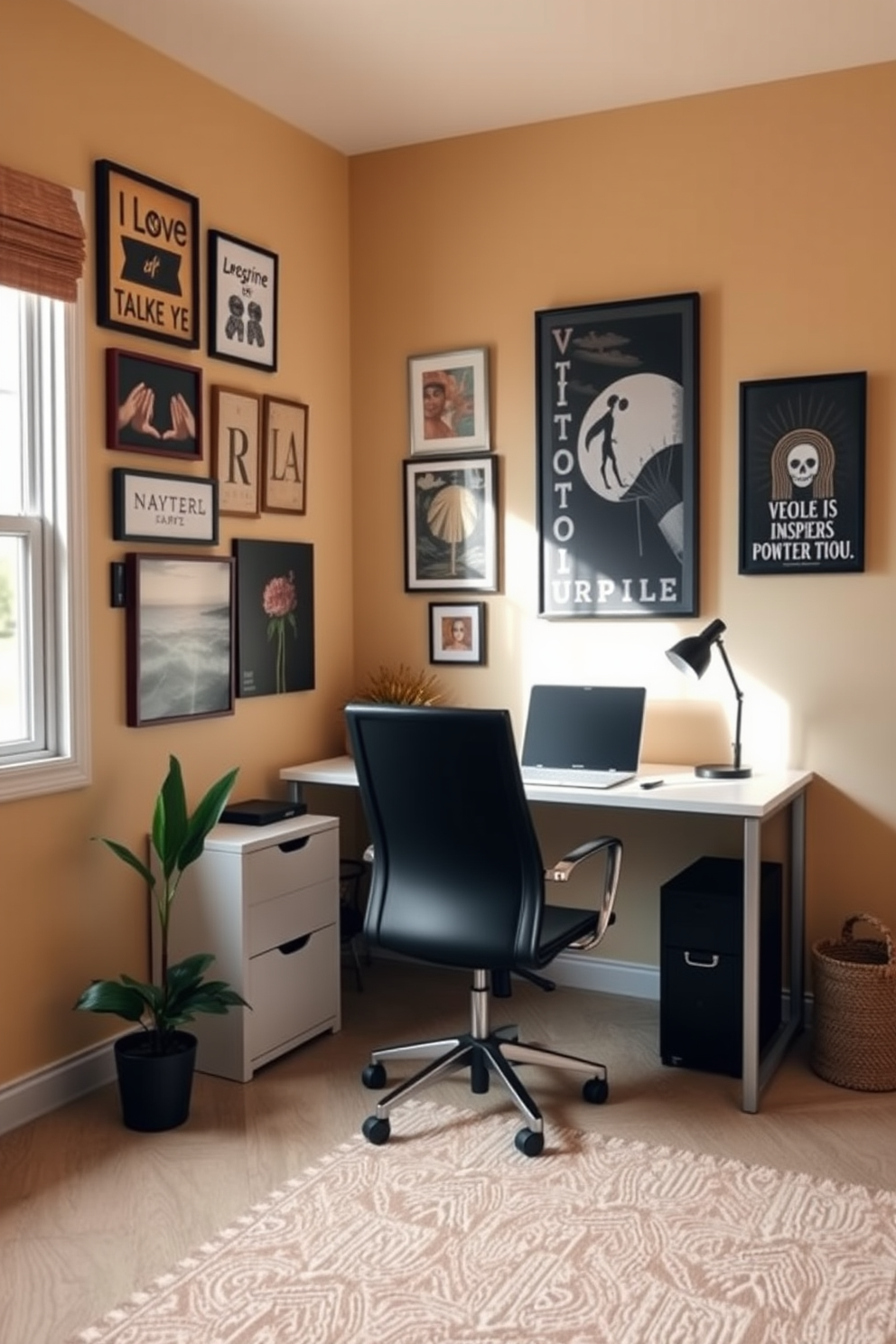 A cozy home office space designed for motivation. The walls are adorned with personalized art pieces that inspire creativity and focus. The desk is minimalist with a sleek design, complemented by an ergonomic chair. A large window allows natural light to flood the room, enhancing the warm color palette.