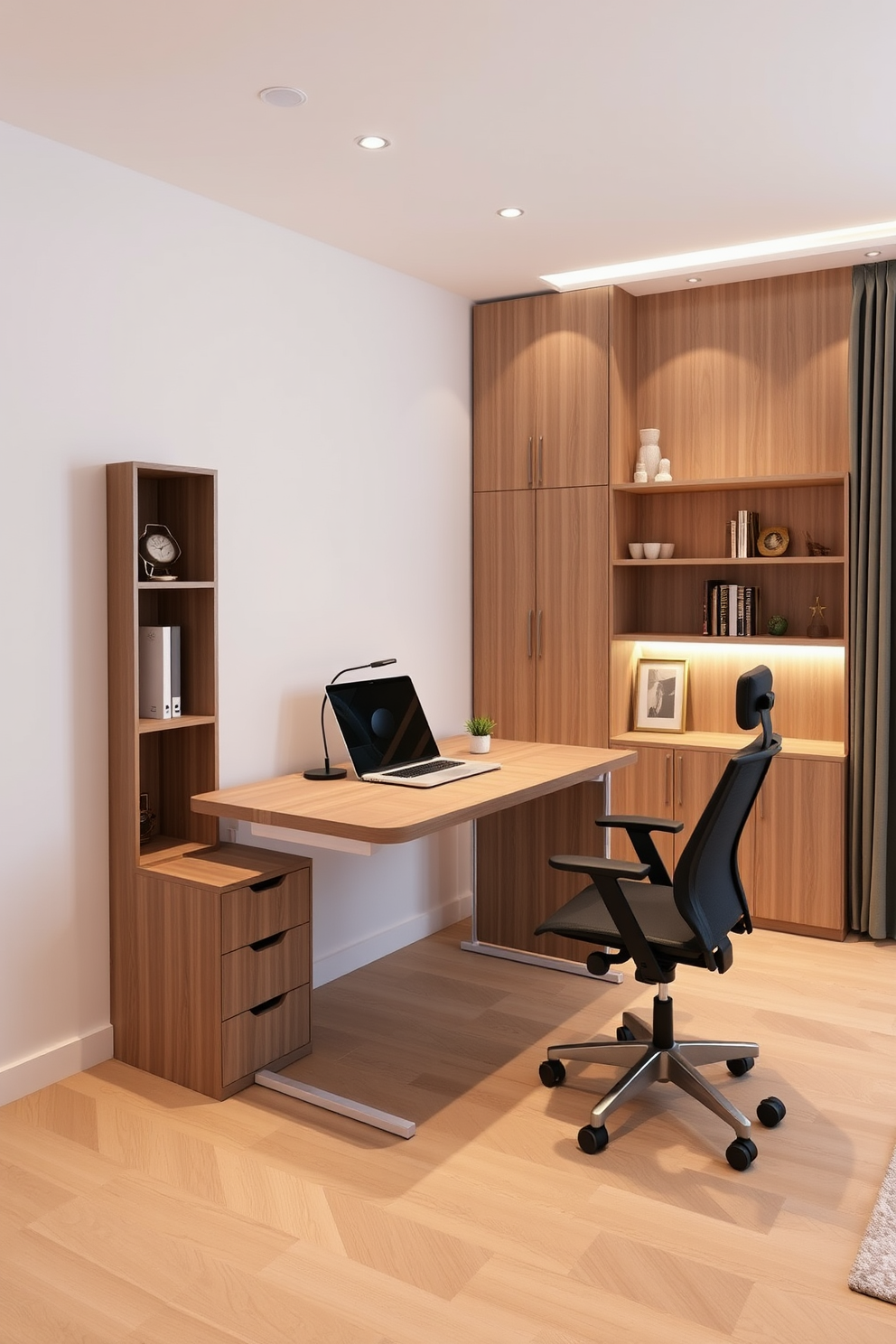 A sleek multi-functional desk that can transform into a dining table when needed. The design features built-in storage compartments and a minimalist aesthetic to maximize space efficiency. An inviting home office with a comfortable ergonomic chair and a compact desk. The decor includes soft lighting and a small bookshelf to create a productive yet cozy atmosphere.