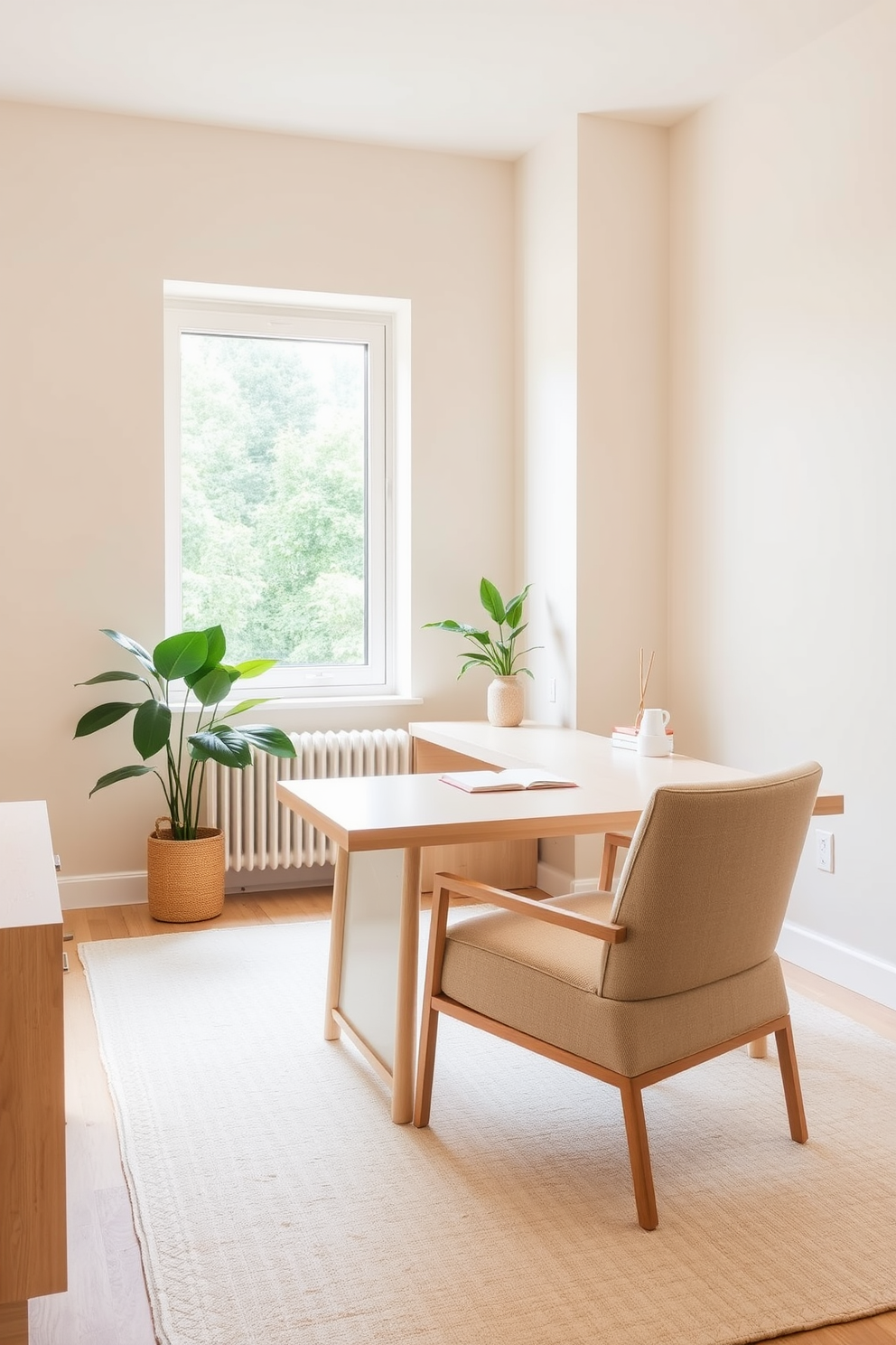 A modern home office features a sleek desk with a glass top and minimalist metal legs. Above the desk, a stylish pendant light illuminates the space, creating a warm and inviting atmosphere. The walls are painted in a soft gray, providing a neutral backdrop for colorful artwork. A comfortable ergonomic chair and a few decorative plants complete the look, making it a functional yet aesthetically pleasing workspace.