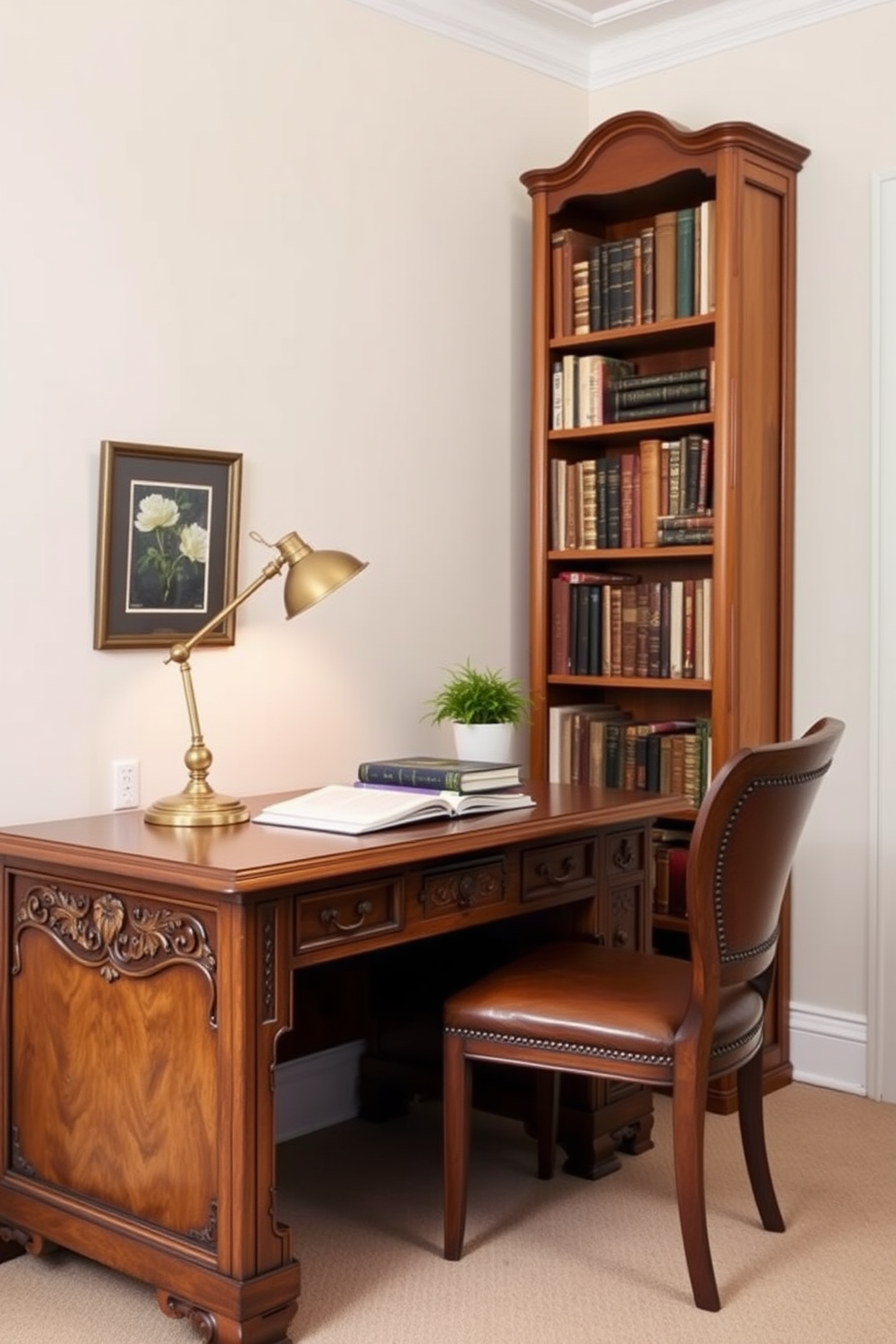 A vintage wooden desk with intricate carvings stands against a soft cream wall. A comfortable leather chair complements the desk, while a brass desk lamp casts a warm glow over a stack of books. In the corner, a tall bookshelf filled with well-loved novels adds character to the space. A small potted plant on the desk brings a touch of greenery and life to the home office.