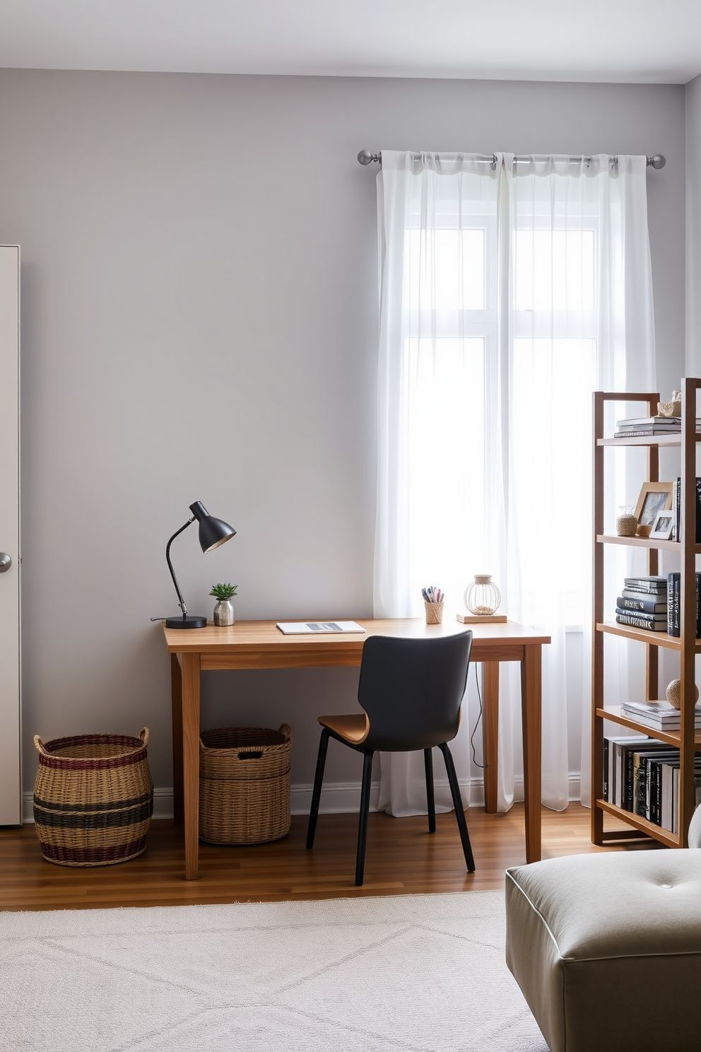 A simple home office design featuring a foldable desk that allows for flexibility in space usage. The room is adorned with light-colored walls and a cozy chair that complements the minimalist aesthetic.