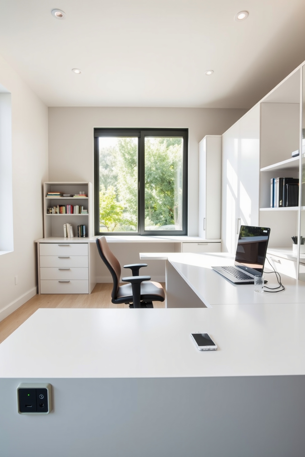 A modern home office features a sleek desk with built-in charging ports seamlessly integrated into the design. The space is illuminated by natural light streaming through a large window, creating a bright and inviting atmosphere. The desk is accompanied by a comfortable ergonomic chair, promoting productivity and comfort during long work hours. Minimalist shelving units line the walls, providing ample storage while maintaining a clean and uncluttered look.