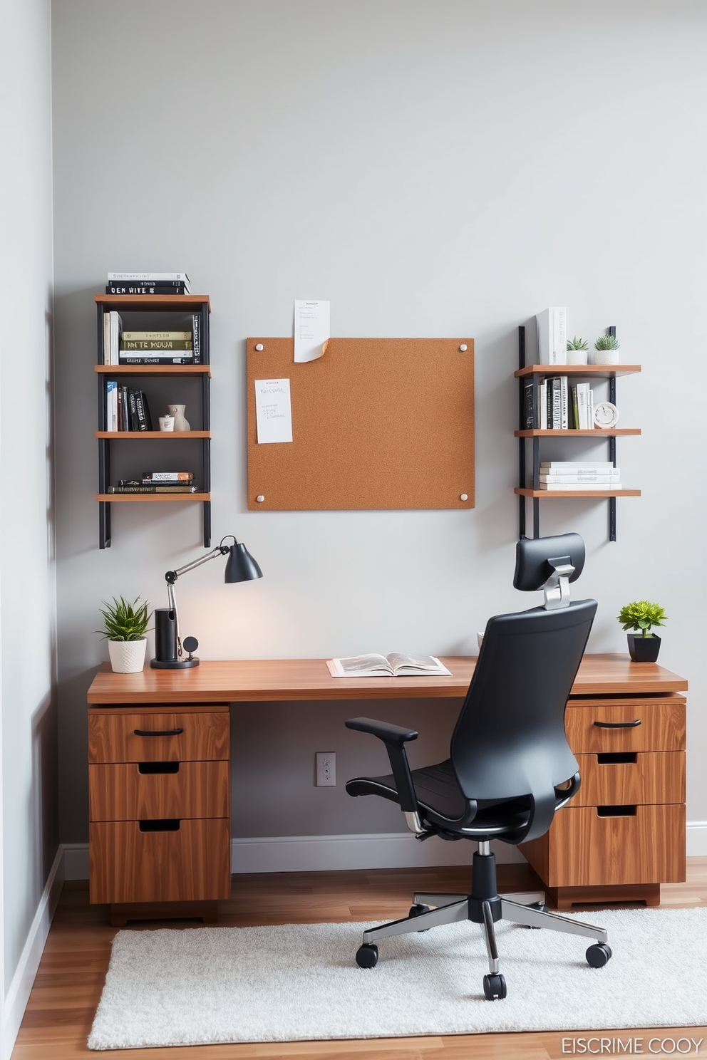 A cozy home office space featuring a sleek wooden desk positioned against a light gray wall. Above the desk, a bulletin board is mounted for reminders, surrounded by shelves filled with books and decorative items. A comfortable ergonomic chair is placed in front of the desk, with a small potted plant on the corner. The floor is covered with a soft area rug, adding warmth to the minimalist design.