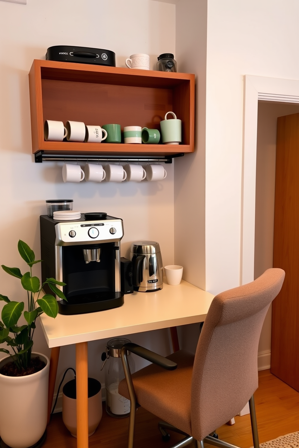 A cozy home office features a small coffee station in the corner with a sleek espresso machine and a wooden shelf holding an assortment of mugs. The desk is minimalist with a comfortable chair, a potted plant nearby, and warm lighting creating an inviting workspace.