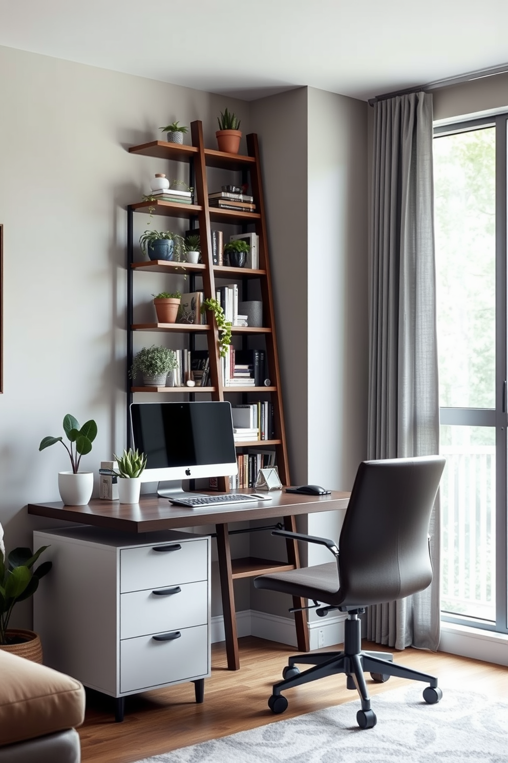 A modern home office featuring a standing desk made of light wood with a minimalist design. The walls are painted in a soft white, and a large window allows natural light to fill the space, enhancing productivity. A comfortable ergonomic chair is positioned beside the desk, with a small potted plant adding a touch of greenery. Shelves on the wall hold books and decorative items, creating an organized and inviting atmosphere.