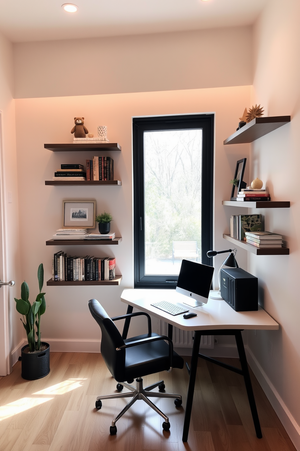 A cozy home office setup with floating shelves mounted on the wall. The shelves are filled with books and decorative items, creating a warm and inviting atmosphere. A sleek desk positioned in front of a large window allows natural light to fill the space. A comfortable chair complements the minimalist aesthetic, enhancing productivity and style.