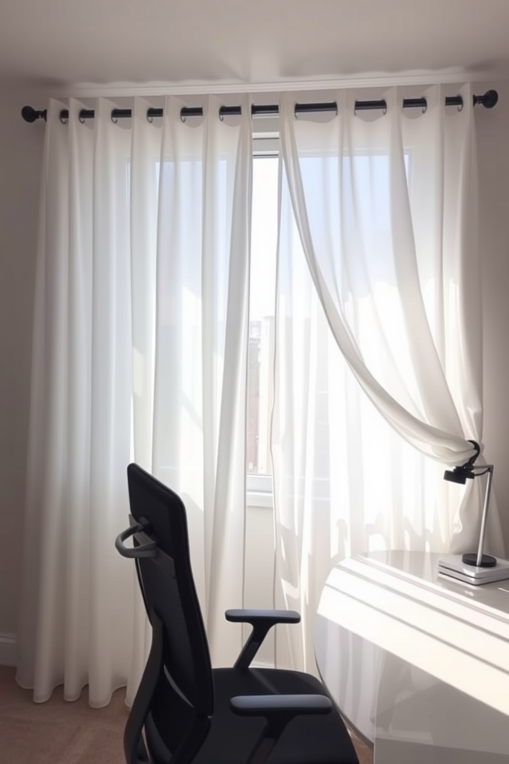 A cozy home office setting. There is a sleek wooden desk with a comfortable ergonomic chair positioned near a large window that lets in plenty of natural light. On the wall behind the desk, a decorative mirror adds depth and reflects the light. Shelves filled with books and decorative items line the adjacent wall, creating an inviting and organized workspace.