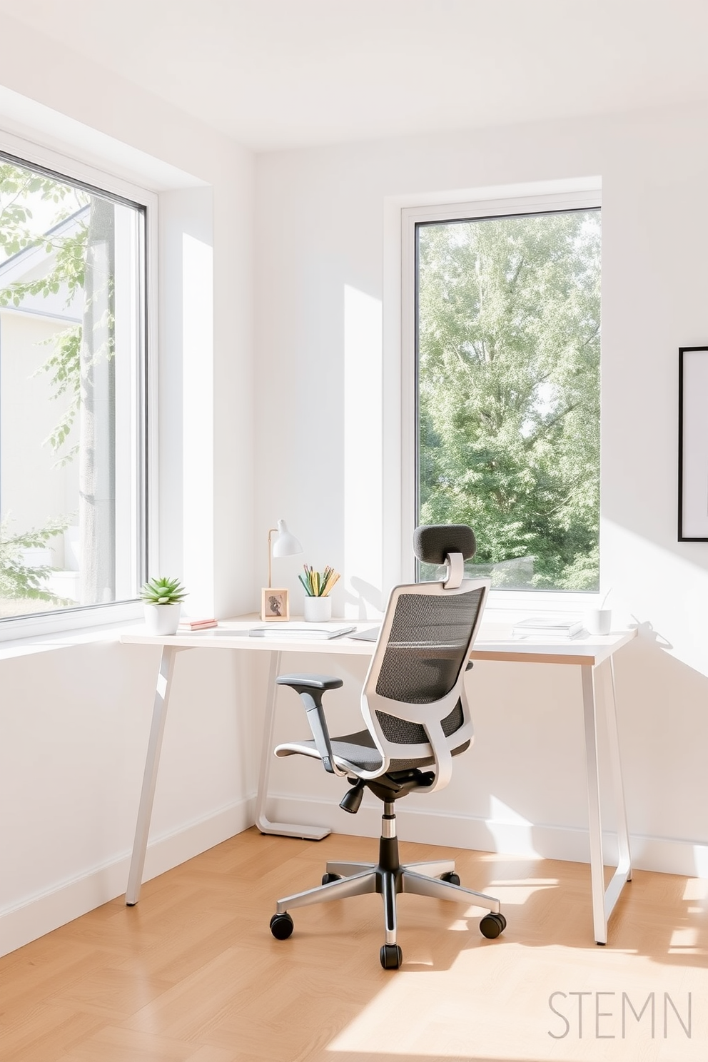 A bright and airy home office with a sleek desk positioned near a large window that allows natural light to flood the space. The desk is adorned with minimalistic accessories and a comfortable ergonomic chair, creating an inviting workspace. The walls are painted in a soft neutral color, enhancing the calm atmosphere. A small potted plant sits on the desk, adding a touch of greenery and life to the room.