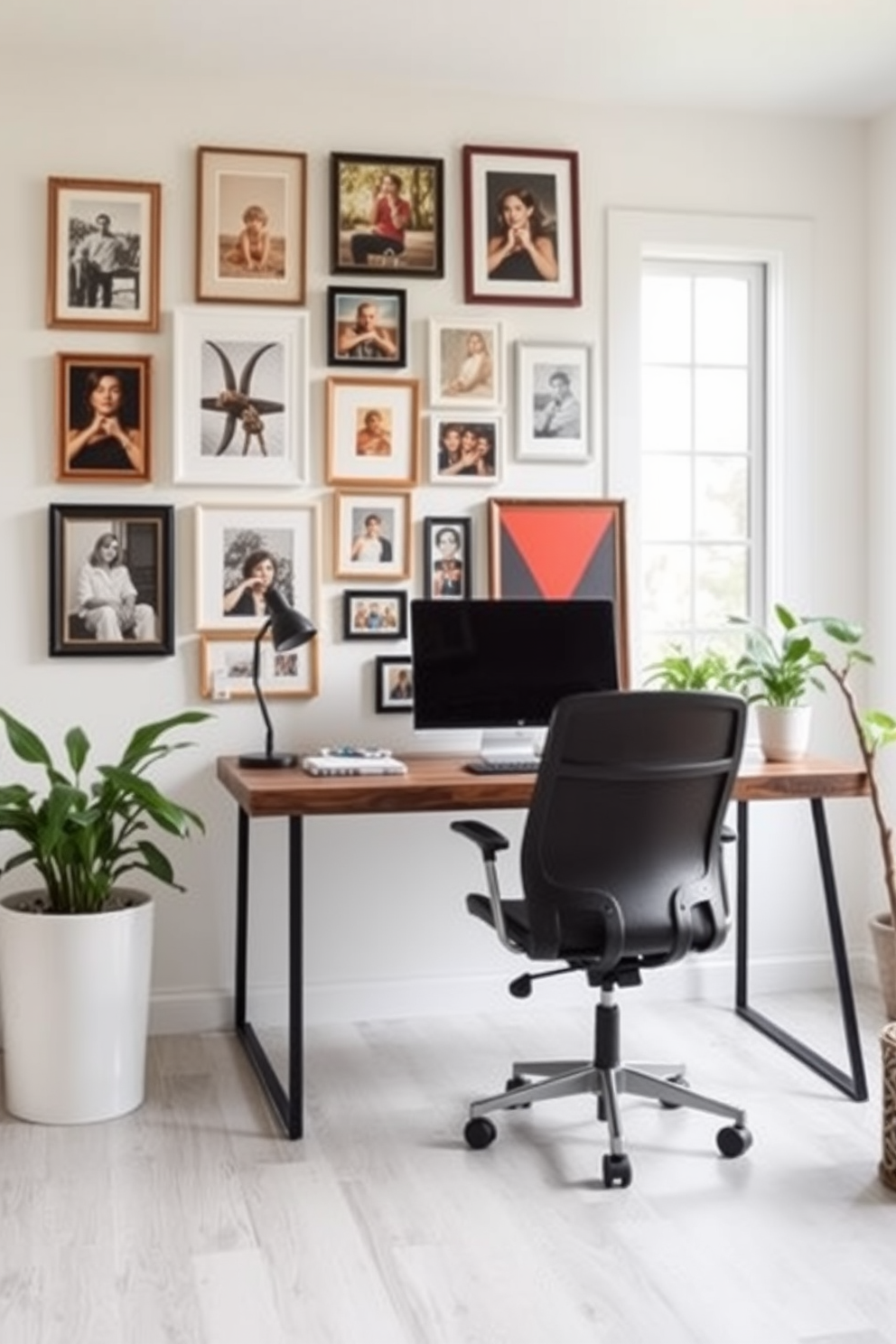 A bright and cheerful home office featuring a large wooden desk with a smooth finish. The desk is adorned with colorful stationery and a stylish desk lamp, creating an inviting workspace. The walls are painted in a soft pastel hue, complemented by a corkboard filled with inspiring notes and images. A comfortable chair with a vibrant pattern sits in front of the desk, adding a playful touch to the overall design.