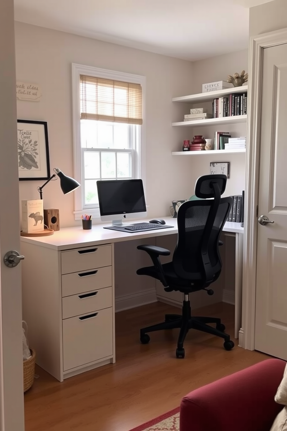 A cozy home office setup is nestled in the corner of the room. A sleek desk with clean lines faces a window, allowing natural light to illuminate the workspace. A comfortable ergonomic chair complements the desk, providing support for long hours of work. Shelves above the desk are filled with books and decorative items, adding personality to the space.