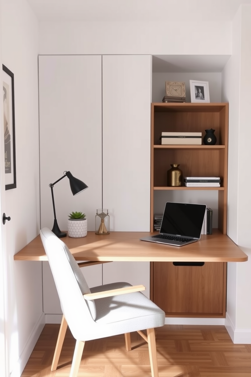 A simple home office design featuring a foldable desk that can be easily adjusted for flexibility. The space is adorned with minimalistic decor, including a comfortable chair and a small bookshelf to keep essentials organized.