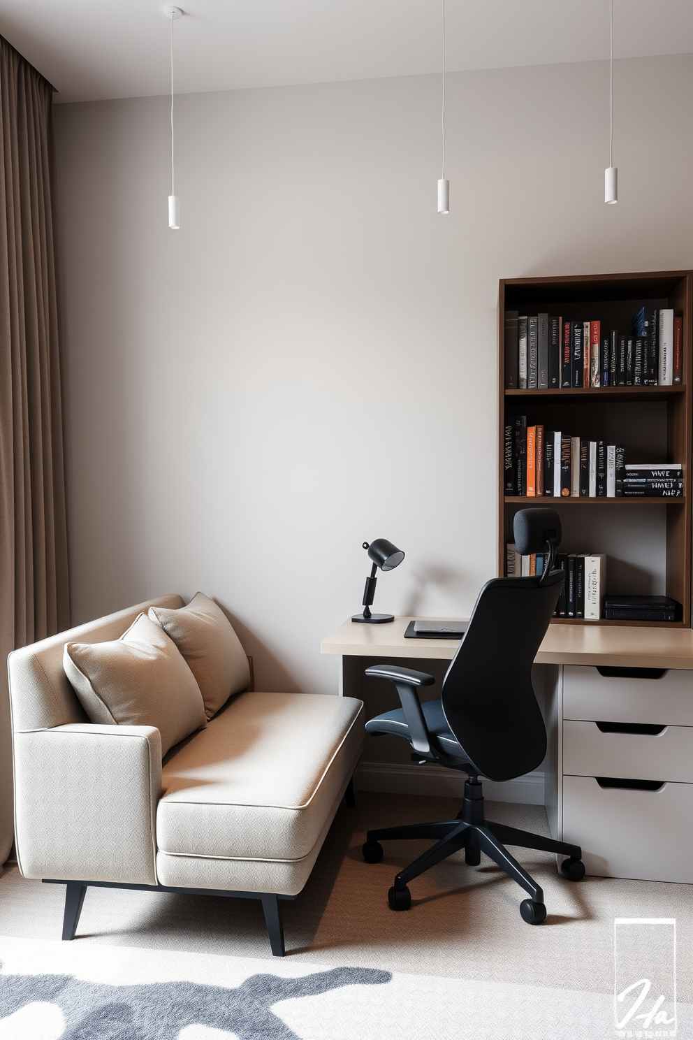 A cozy home office featuring a small, stylish sofa positioned against a wall for relaxation. The desk is minimalist with a sleek design, complemented by a comfortable ergonomic chair and a bookshelf filled with neatly organized books.