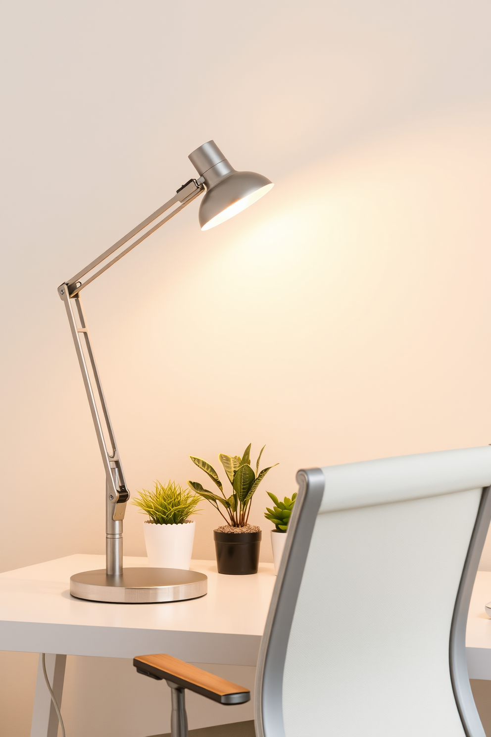 A stylish desk lamp with a sleek design illuminates the workspace, casting a warm glow that enhances focus and productivity. The lamp features a metallic finish and an adjustable arm, allowing for customizable lighting angles. In a simple home office design, a minimalist desk is paired with a comfortable ergonomic chair, creating an inviting atmosphere. Soft neutral tones dominate the color palette, complemented by a few potted plants for a touch of greenery.