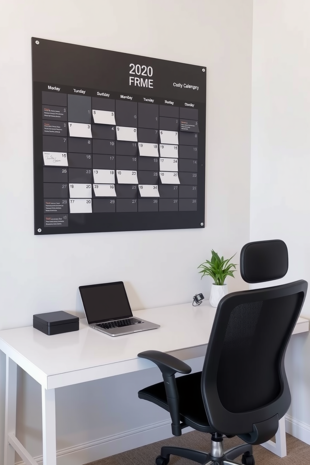 A simple home office design features a large calendar mounted on the wall for effective planning. The desk is minimalistic with a sleek finish, complemented by a comfortable ergonomic chair and a small potted plant for a touch of greenery.