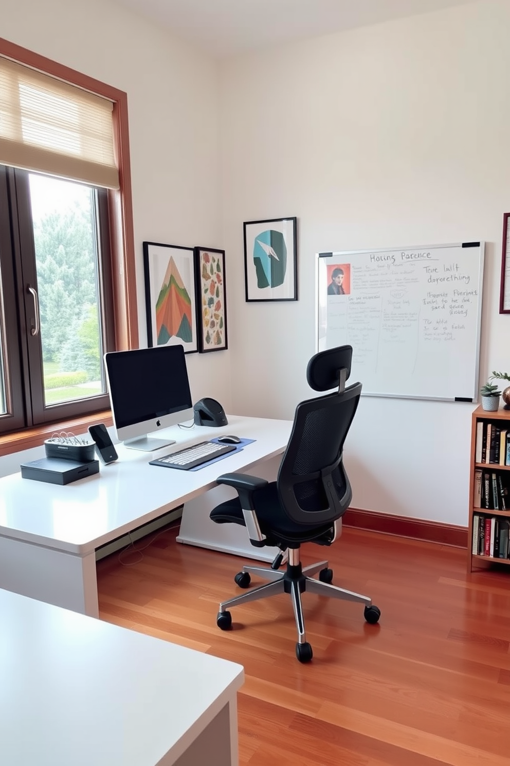 A cozy home office space designed for productivity. The room features a sleek white desk with a comfortable ergonomic chair, positioned near a large window that lets in ample natural light. On the wall, a whiteboard is mounted for brainstorming and note-taking, surrounded by inspiring artwork. The flooring is a warm hardwood, and a small bookshelf filled with neatly organized books adds a touch of personality to the room.