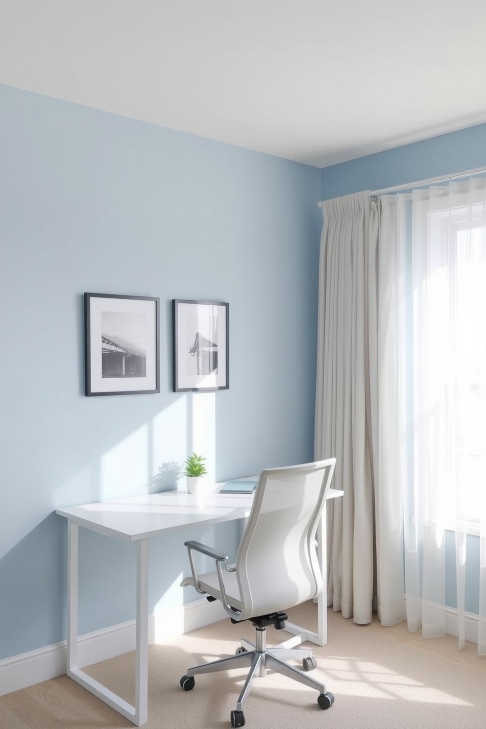 A cozy home office features a sleek desk with built-in power outlets for convenience. The walls are painted in a soft gray tone, and a comfortable ergonomic chair sits neatly at the desk. Natural light floods the space through a large window adorned with light sheer curtains. A few potted plants add a touch of greenery, enhancing the serene atmosphere of the room.