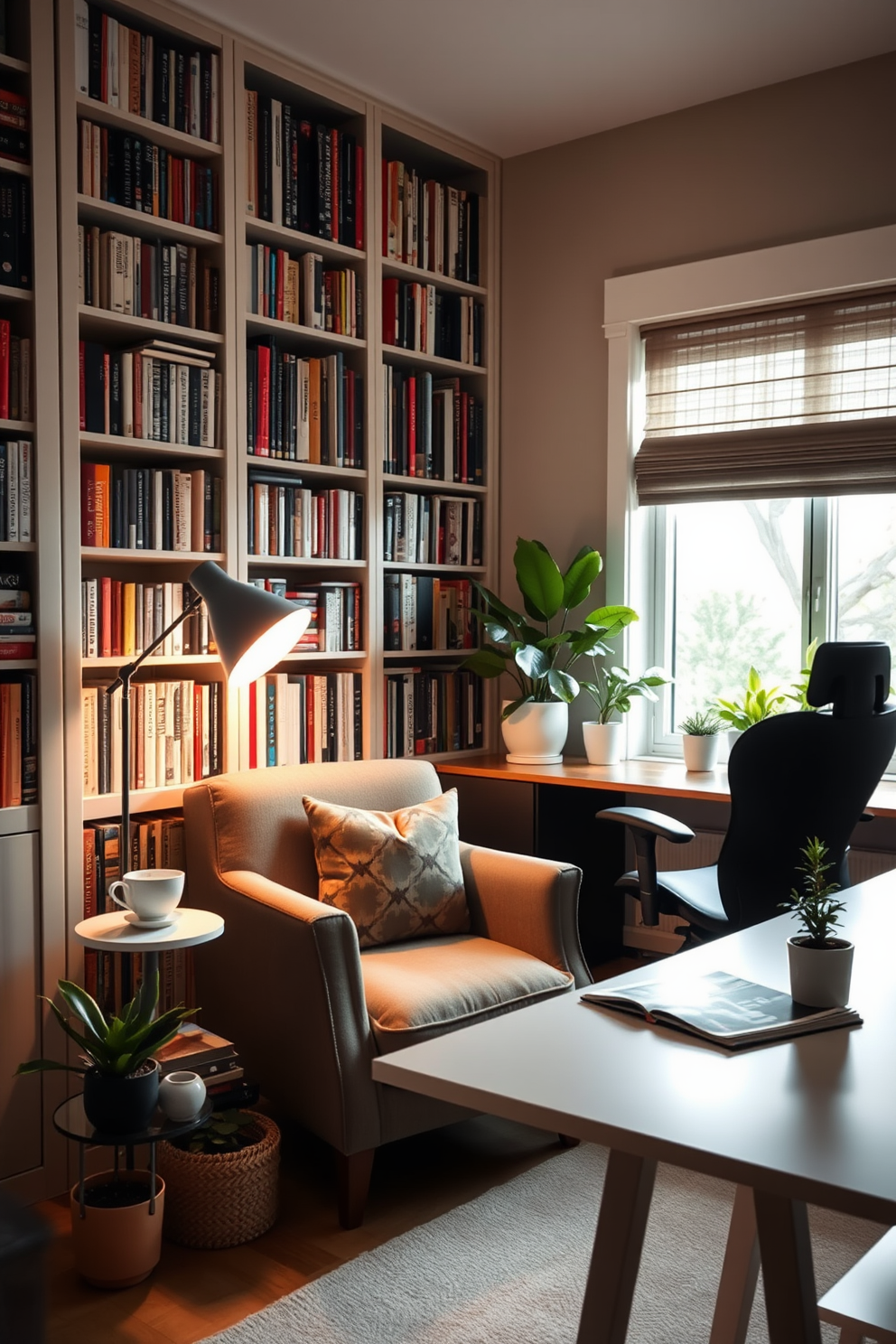 Cozy nook with a reading chair. A plush armchair is positioned in the corner, surrounded by tall bookshelves filled with books. Soft lighting from a nearby floor lamp creates a warm ambiance, while a small side table holds a steaming cup of tea and a stack of magazines. Simple home office design ideas. A sleek desk with a minimalist design faces a window, allowing natural light to flood the space. A comfortable ergonomic chair complements the desk, and a few potted plants add a touch of greenery to the workspace.