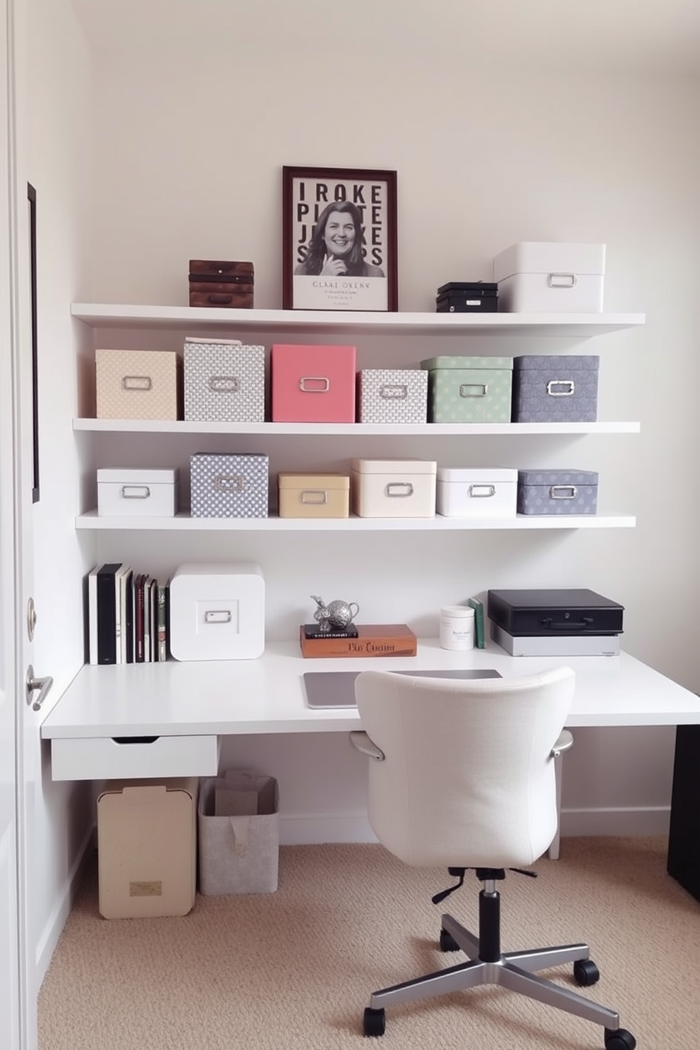 A simple home office design features a clean and organized workspace with decorative boxes neatly arranged on shelves to store supplies. The desk is minimalistic, accompanied by a comfortable chair, and the walls are painted in a soft neutral tone to create a calming atmosphere.