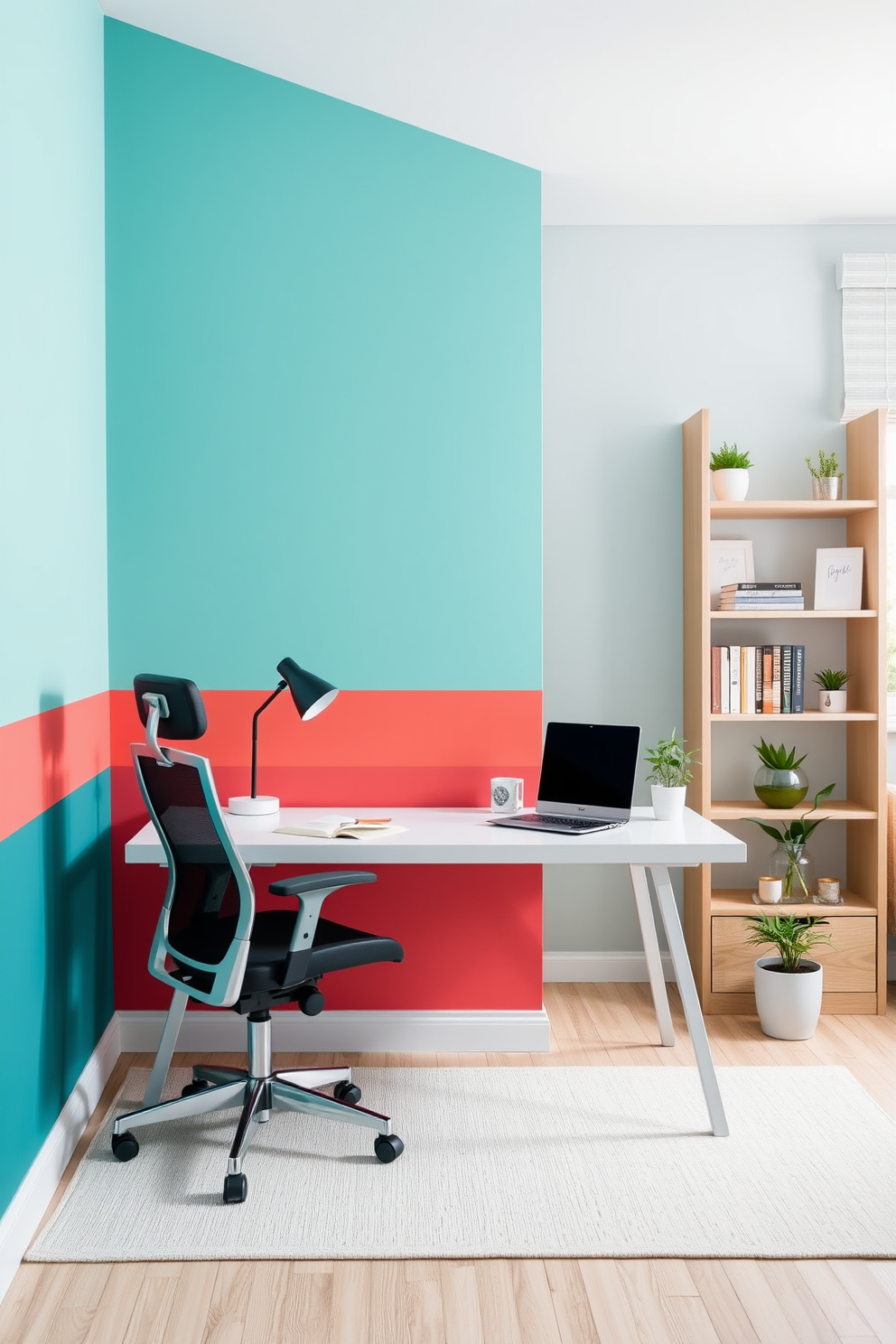 A vibrant accent wall painted in shades of teal and coral creates a focal point in the room. Complementing the wall, a sleek white desk with a minimalist design sits against it, paired with a comfortable ergonomic chair. For a simple home office design, consider a light wood desk positioned near a window to maximize natural light. A few potted plants and a stylish bookshelf add warmth and functionality to the space.