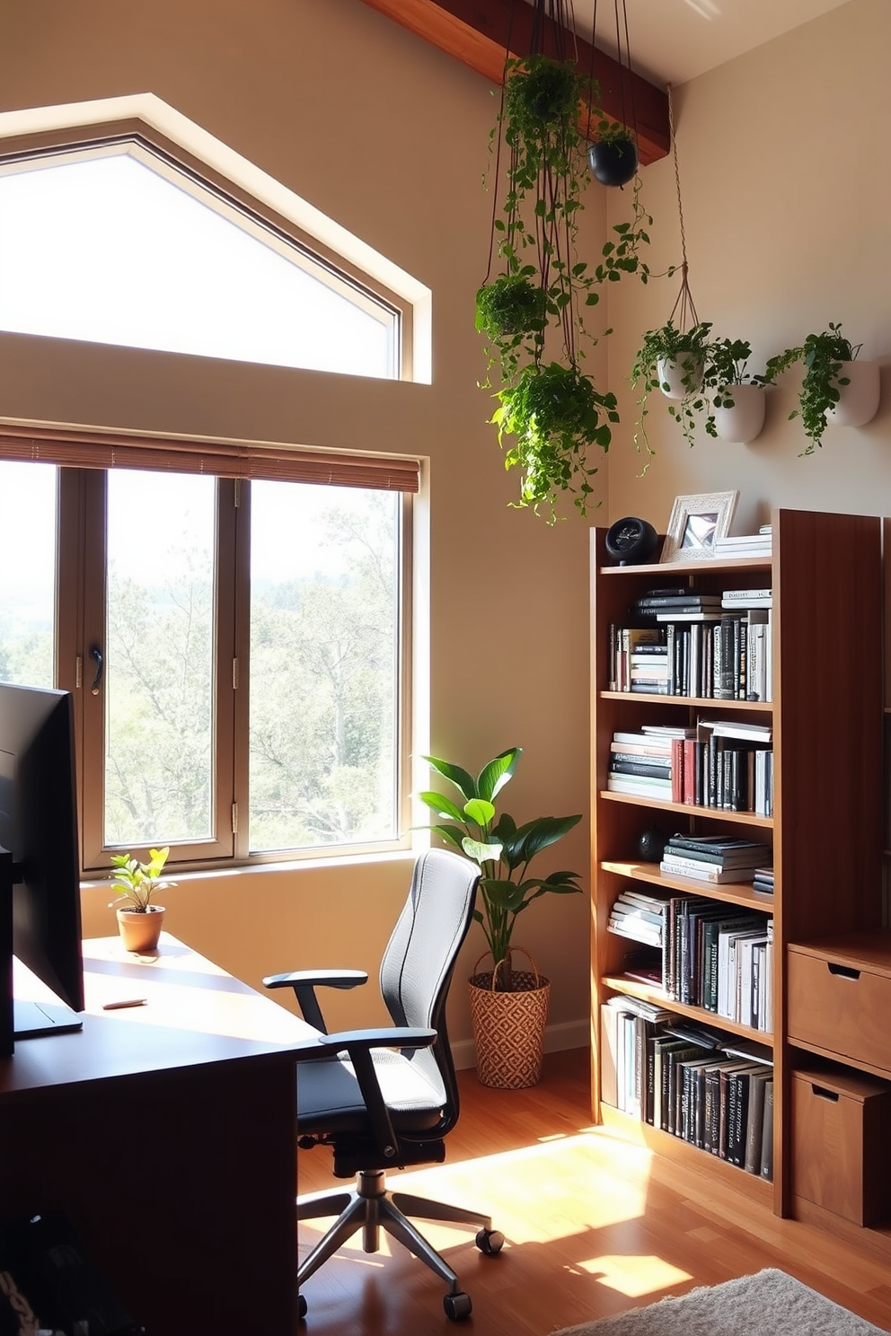 A cozy home office with a large window allowing natural light to flood the space. A wooden desk is positioned near the window, accompanied by a comfortable ergonomic chair and a small potted plant on the desk for a touch of greenery. The walls are painted in a soft beige color, creating a warm and inviting atmosphere. A tall bookshelf filled with books and decorative items stands against one wall, while a few hanging plants add freshness and vitality to the room.