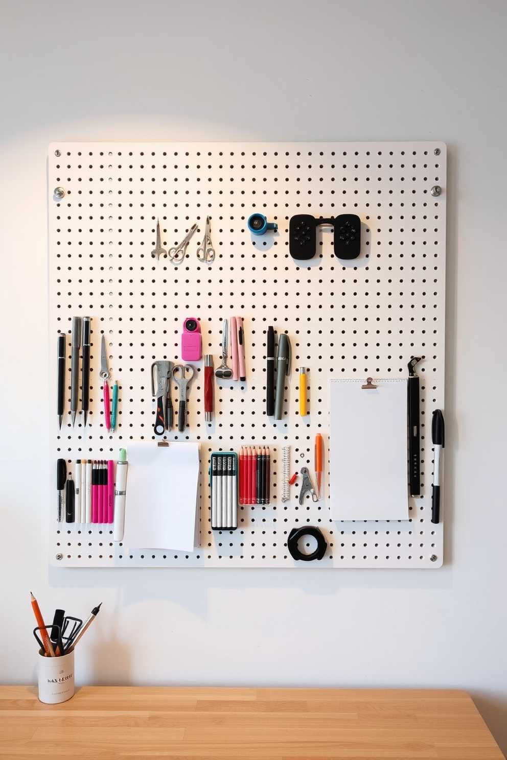 A minimalist home office features a pegboard mounted on the wall for efficient organization. The pegboard displays various office supplies such as pens, notebooks, and tools, creating a clean and functional workspace.