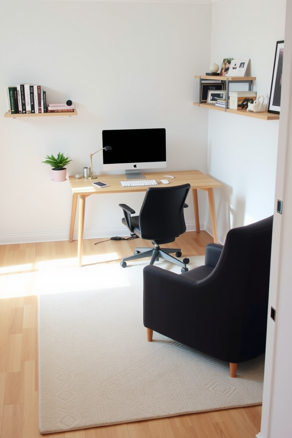 A stylish area rug in a soft neutral tone anchors the space, adding warmth and texture to the room. The rug features a subtle geometric pattern that complements the modern aesthetic of the home office. The home office is designed with a sleek desk made of light wood, paired with an ergonomic chair in a contrasting dark color. Shelves are mounted on the walls, showcasing books and decorative items, while a small potted plant adds a touch of greenery to the workspace.