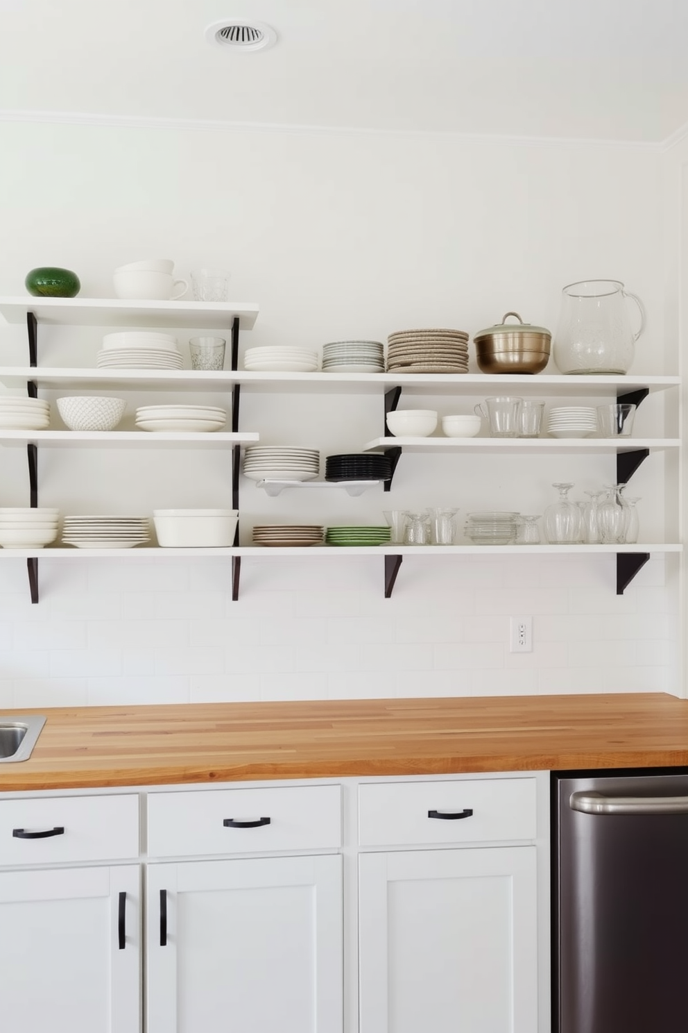 Open shelving lines the walls of a simple kitchen, showcasing an array of dishes and glassware for easy access. The cabinetry features a clean white finish, complemented by a butcher block countertop that adds warmth to the space.