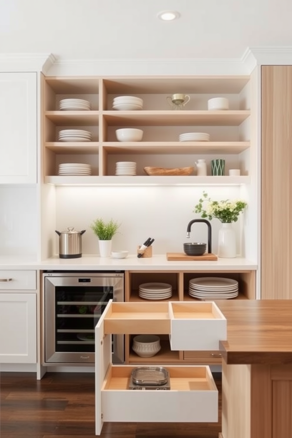 A functional kitchen featuring pegboards mounted on the walls for organized storage of kitchen tools. The design includes open shelving for easy access to frequently used items and a minimalist dining table that complements the overall simplicity of the space.