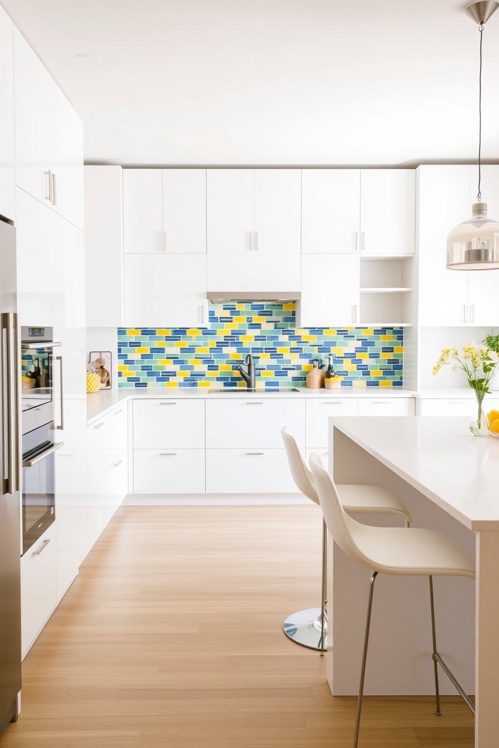 A vibrant kitchen featuring a colorful backsplash made of assorted tiles in shades of blue, yellow, and green. The backsplash complements the white cabinetry and adds a lively touch to the overall aesthetic. A minimalist kitchen design showcasing clean lines and a functional layout. The space includes a sleek island with bar stools and modern appliances, creating an inviting atmosphere for cooking and entertaining.