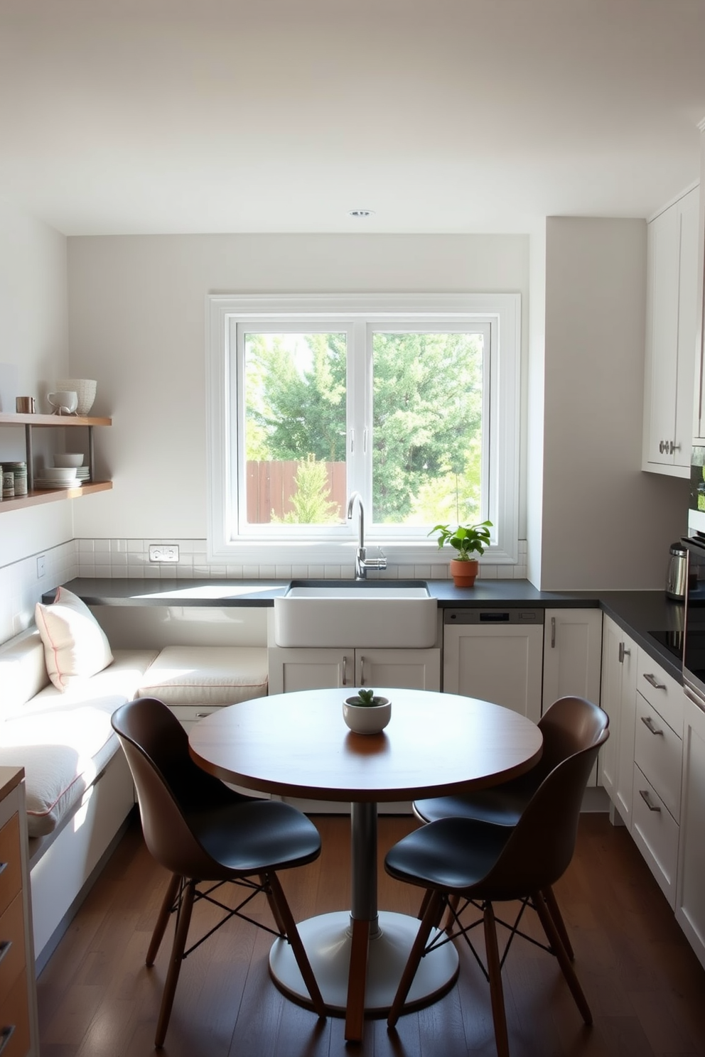 A cozy kitchen nook features integrated seating with plush cushions along the wall, creating a welcoming space for casual dining. A round wooden table sits in the center, surrounded by stylish yet comfortable chairs, perfect for family meals or morning coffee. The kitchen design is minimalist, showcasing sleek cabinetry in soft white tones and a simple backsplash that complements the overall aesthetic. Natural light floods the space through a large window above the sink, enhancing the airy feel of this inviting culinary area.