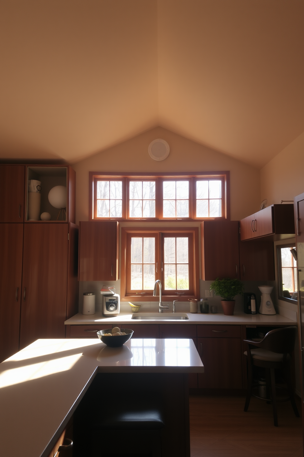 A cozy kitchen space with an inviting atmosphere. The design features a large window that allows natural light to flood the room, enhancing the warmth of the wooden cabinetry. Mirrors are strategically placed to reflect light and create a sense of depth. The layout includes an island with bar seating, promoting both functionality and social interaction.