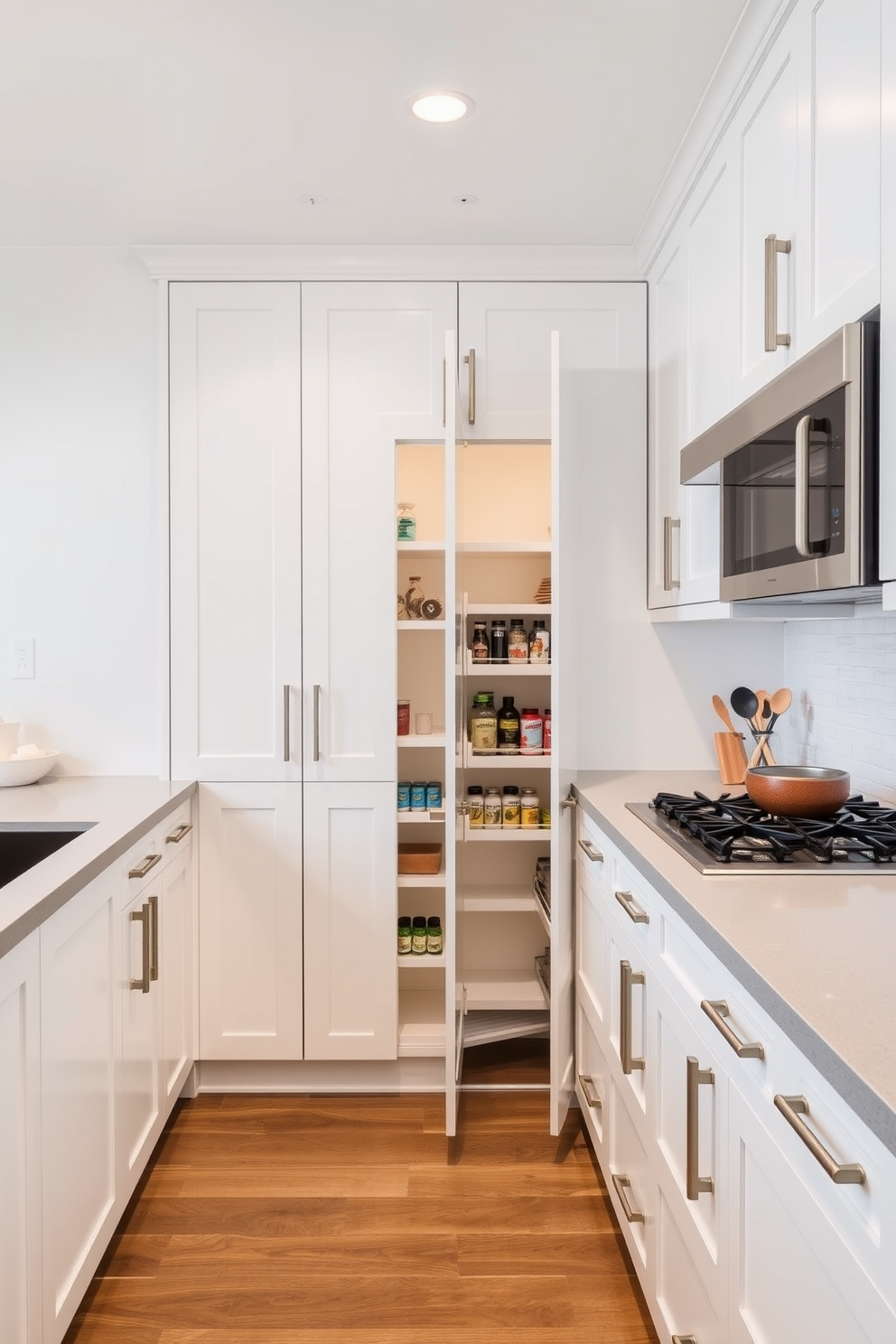 A modern kitchen featuring a pull-out pantry designed for efficient organization. The cabinetry is painted in a soft white finish with sleek handles, and the countertops are made of light gray quartz. The pantry is seamlessly integrated into the cabinetry, with shelves that slide out for easy access to spices and dry goods. The overall design emphasizes simplicity, with minimal decor and a clean, uncluttered look.