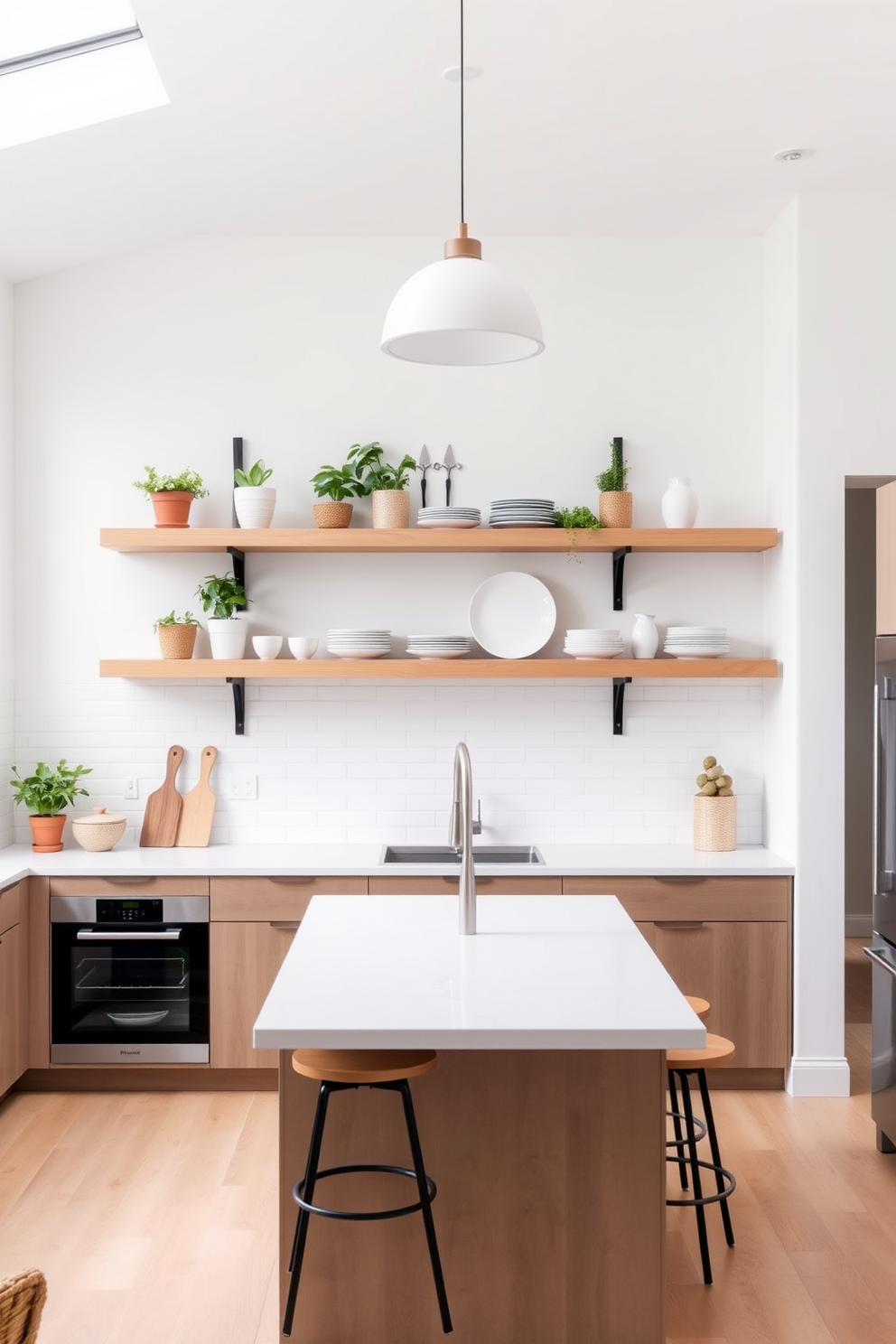 Create a simple kitchen design featuring a rolling cart used for movable storage. The cart is made of natural wood and has open shelving that displays stylish kitchenware and potted herbs. The kitchen has white cabinets with sleek handles and a minimalist countertop made of quartz. A small dining area is included with a round table and two chairs, enhancing the cozy atmosphere.