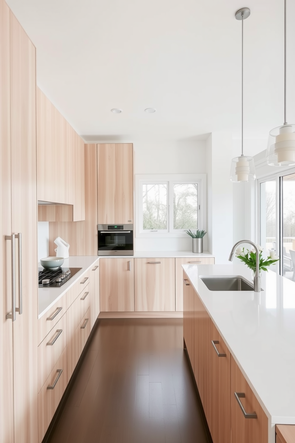 A bright and airy kitchen featuring light wood cabinetry with sleek handles and a minimalist design. The countertops are a crisp white quartz, complementing the light wood tones and enhancing the modern aesthetic. The space includes an island with bar seating, perfect for casual dining or entertaining. Large windows allow natural light to flood the room, highlighting the clean lines and open layout.